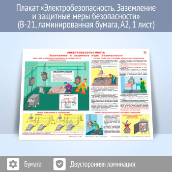 Плакат «Электробезопасность. Заземление и защитные меры безопасности» (В-21, ламинированная бумага, A2, 1 лист)